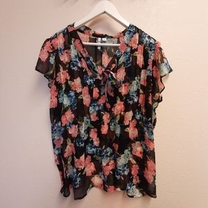 Elle Floral Collar Tie Sleeved Ruffle Blouse Top